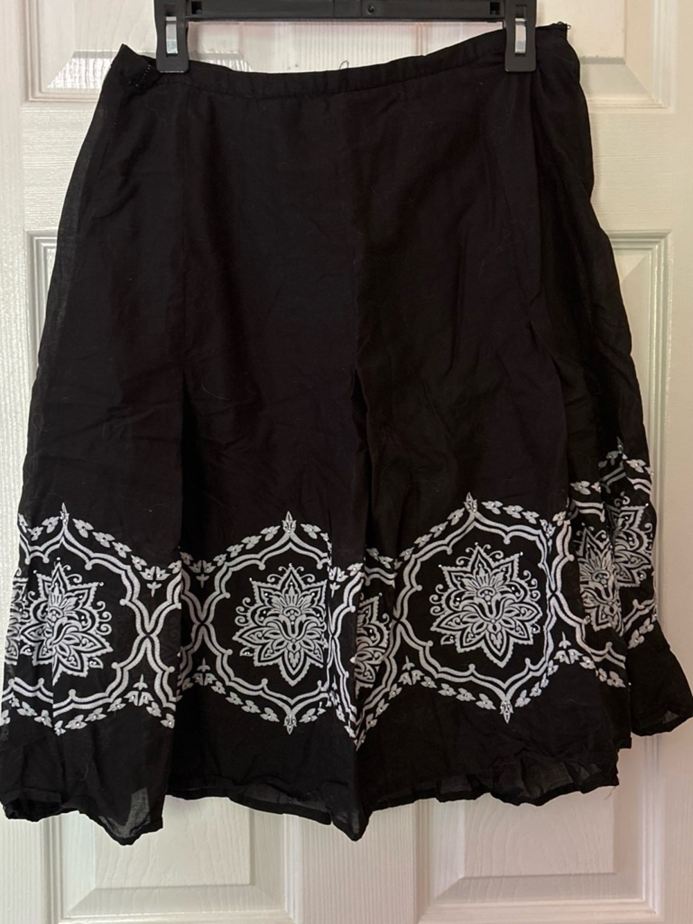 attention Black A-Line Skirt with White Embroidered Border